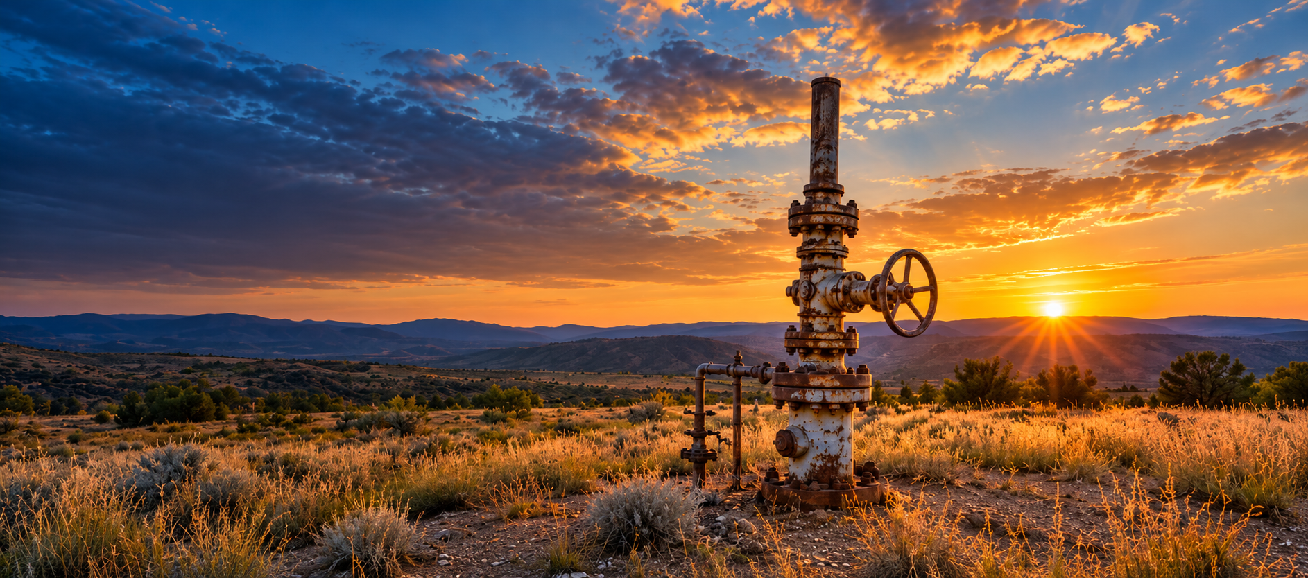 Orphaned oil and gas well at sunset