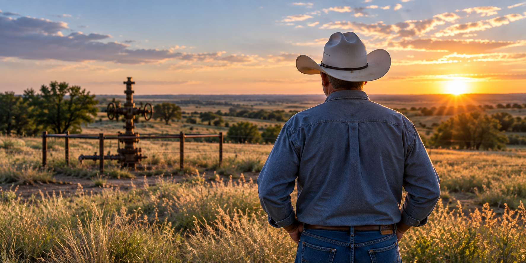 Oklahoma landowner overlooking rural property and an orphaned well