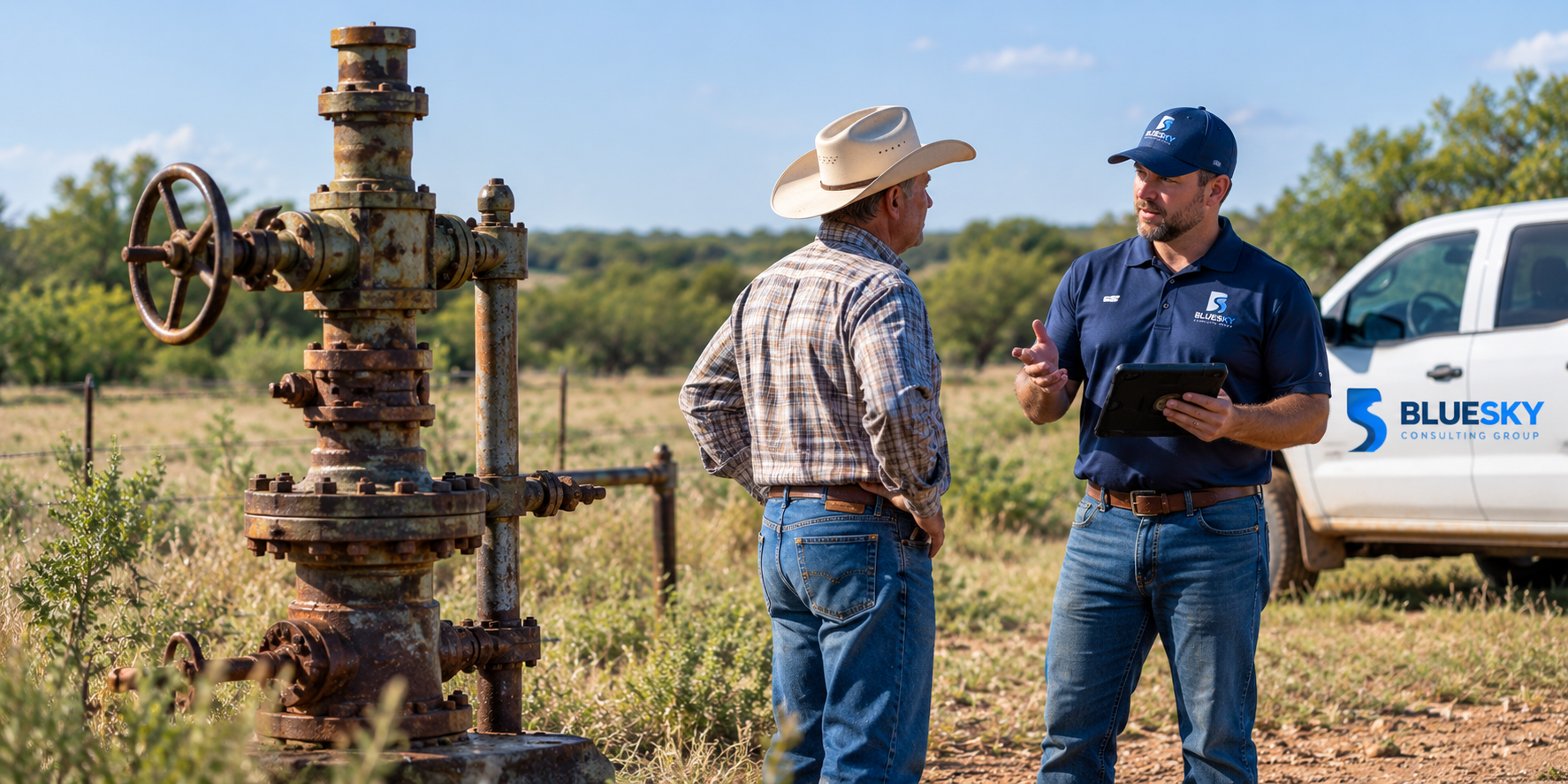 BlueSky representative speaking with a landowner beside an orphaned well