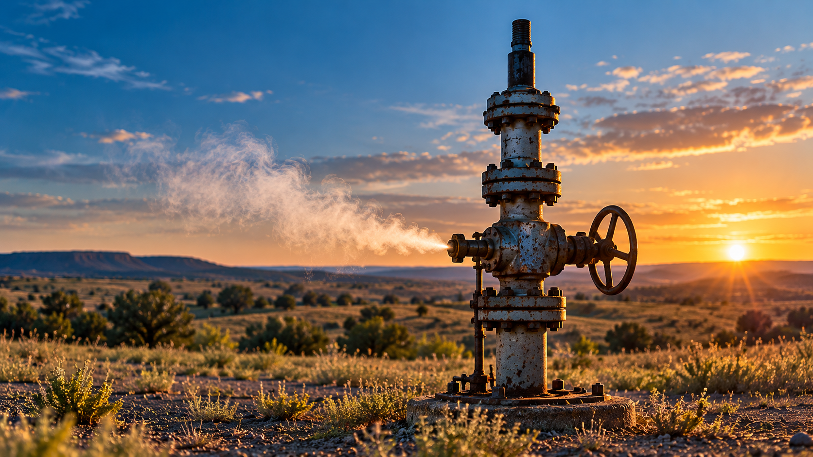 Weathered orphaned oil and gas well with a visible emissions plume