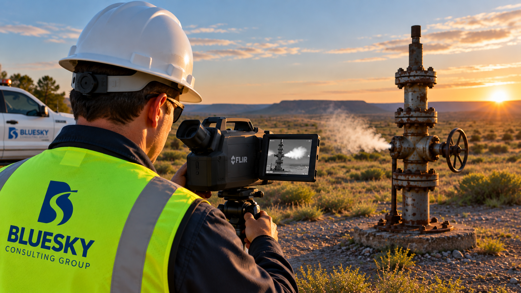 BlueSky inspector conducting optical gas imaging at an orphaned well
