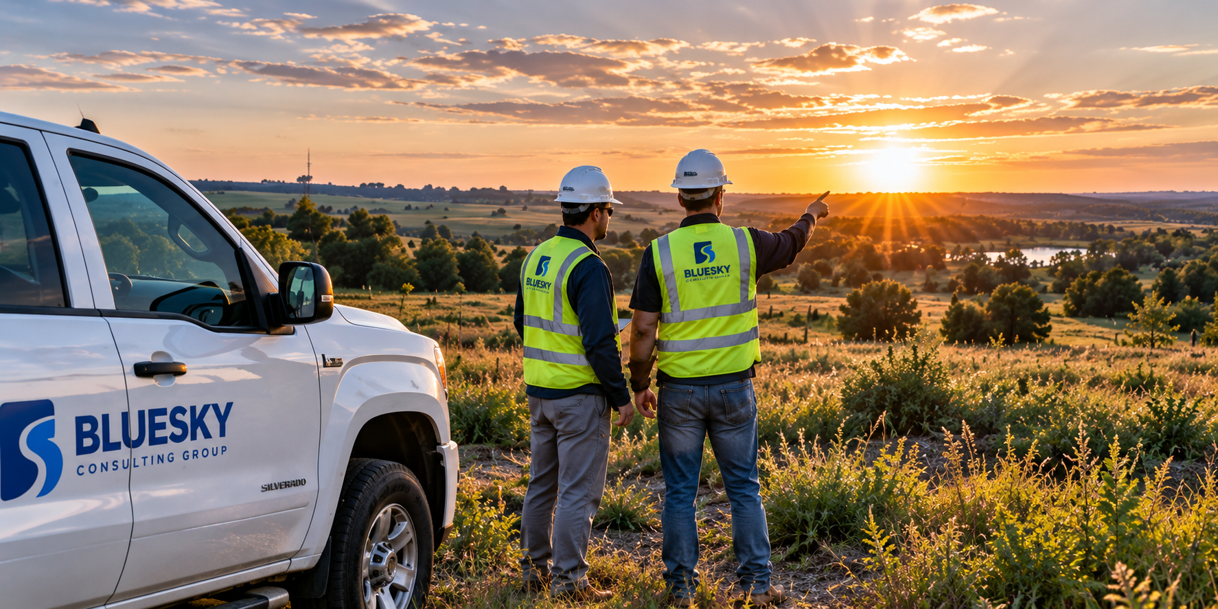 BlueSky field team evaluating a project site at sunset