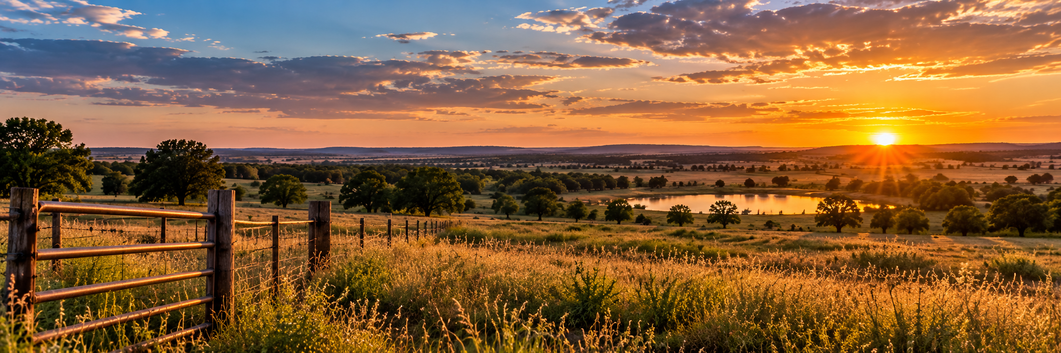 Oklahoma ranch and prairie landscape at sunset