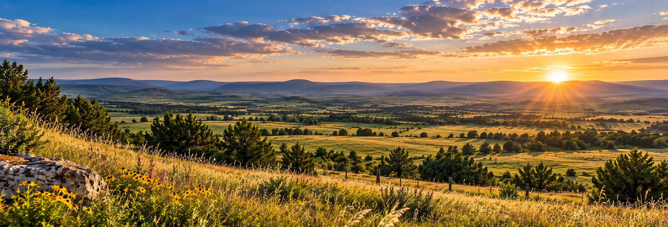 Restored Oklahoma landscape at sunset