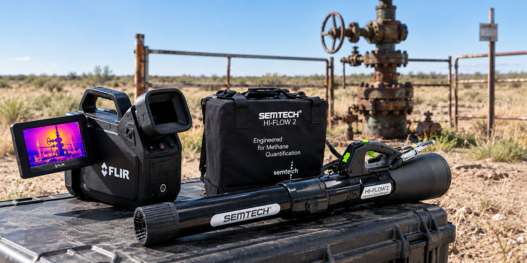 FLIR optical gas imaging camera and SEMTECH High-Flow 2 equipment used for methane field assessment
